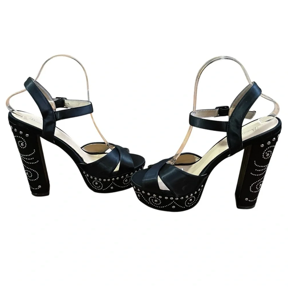 Chic Black Satin Platform Heel Sandals with Silver Studded Accents Ankle strap